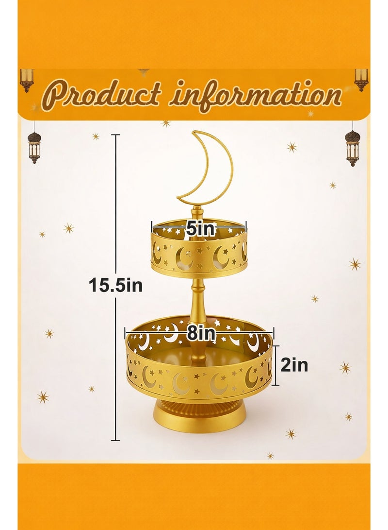 دائرة مربعة حامل تقديم معدني ذهبي 2 طوابق بتصميم الهلال والنجوم – حامل فواكه وتمور وحلويات لرمضان، مثالي للتجمعات العائلية والضيافة - Image 4